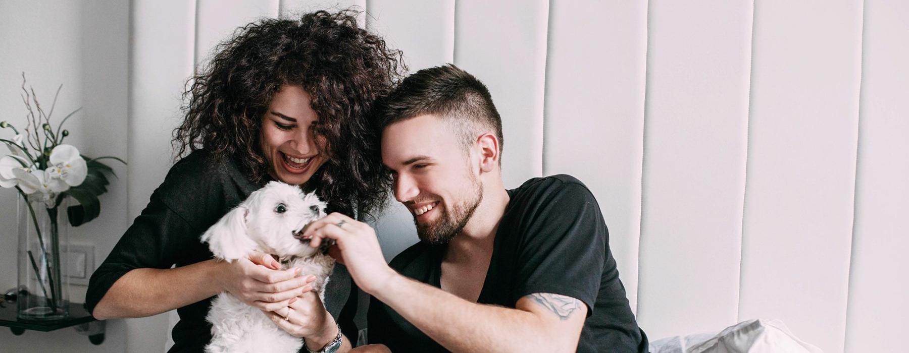 a man and woman sitting on a bed playing with a dog